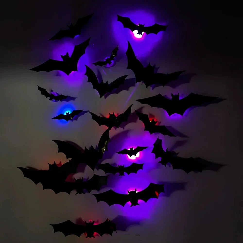 12/24pcs Halloween New Night Light Bat PET Stereoscopic Bat Festival Party Decoration LED Night Light Wall Decal