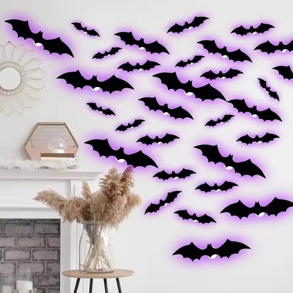 12/24pcs Halloween New Night Light Bat PET Stereoscopic Bat Festival Party Decoration LED Night Light Wall Decal
