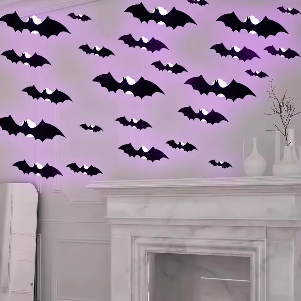12/24pcs Halloween New Night Light Bat PET Stereoscopic Bat Festival Party Decoration LED Night Light Wall Decal