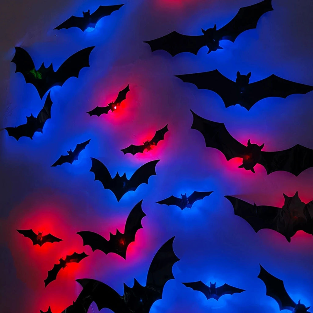 12/24pcs Halloween New Night Light Bat PET Stereoscopic Bat Festival Party Decoration LED Night Light Wall Decal