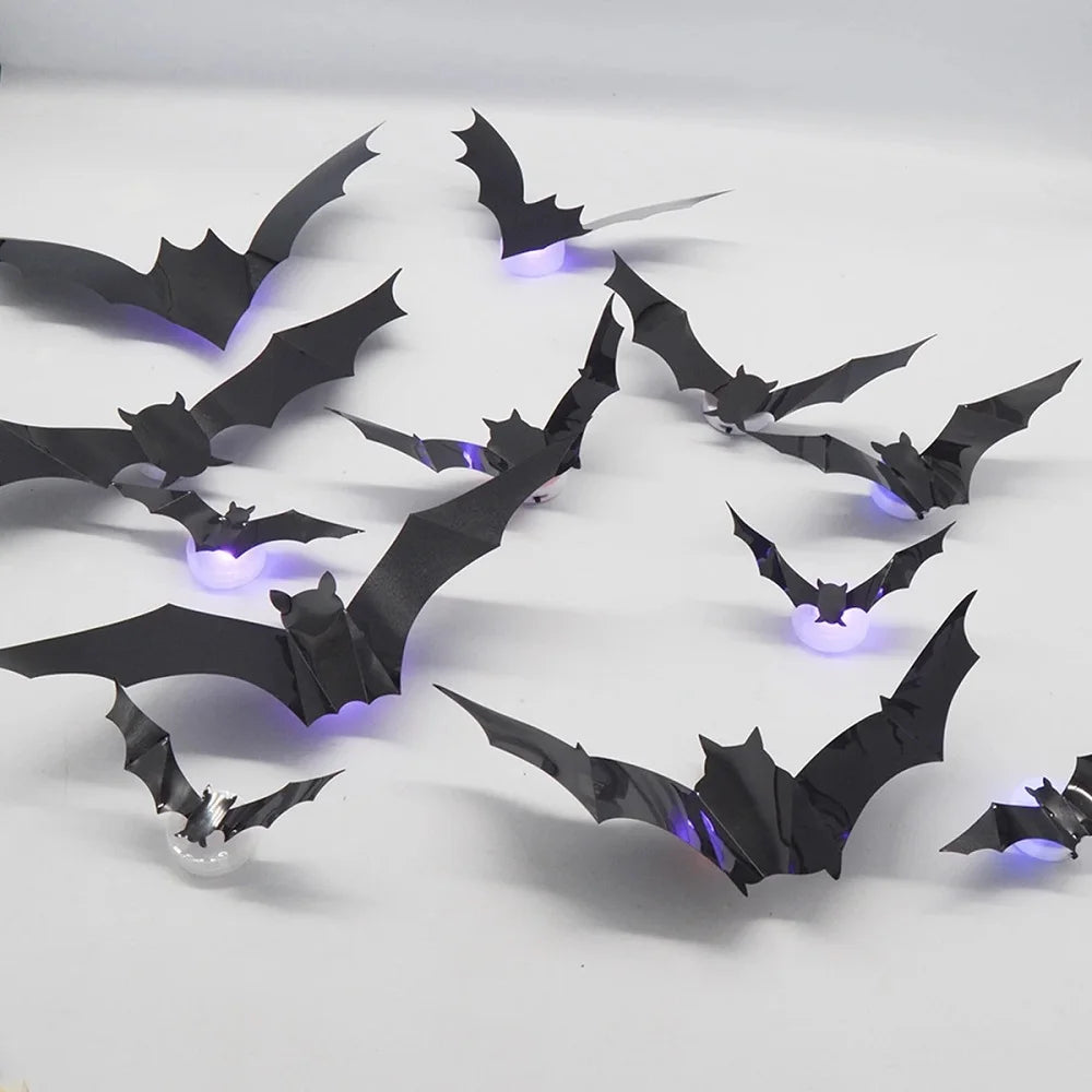 12/24pcs Halloween New Night Light Bat PET Stereoscopic Bat Festival Party Decoration LED Night Light Wall Decal